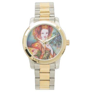 ROMANTIC WOMAN WITH PEACOCK FEATHER WRIST WATCH