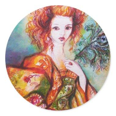 ROMANTIC WOMAN WITH SPARKLING PEACOCK FEATHER CLASSIC ROUND STICKER