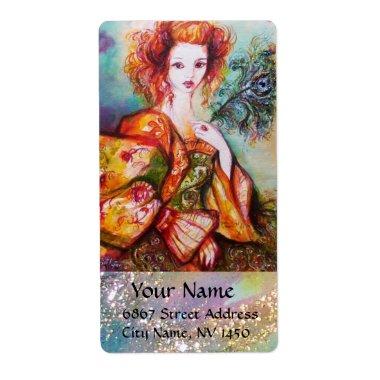 ROMANTIC WOMAN WITH SPARKLING PEACOCK FEATHER LABEL