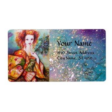 ROMANTIC WOMAN WITH SPARKLING PEACOCK FEATHER LABEL