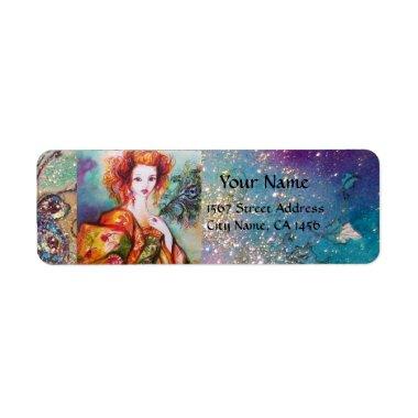 ROMANTIC WOMAN WITH SPARKLING PEACOCK FEATHER LABEL