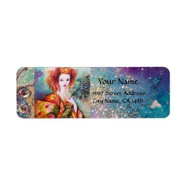 ROMANTIC WOMAN WITH SPARKLING PEACOCK FEATHER LABEL