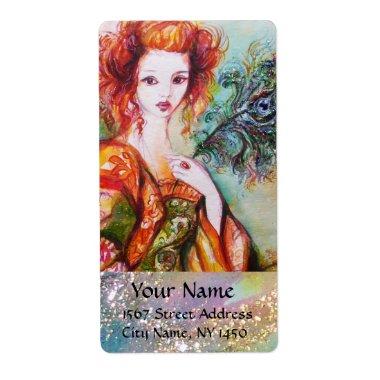 ROMANTIC WOMAN WITH SPARKLING PEACOCK FEATHER LABEL