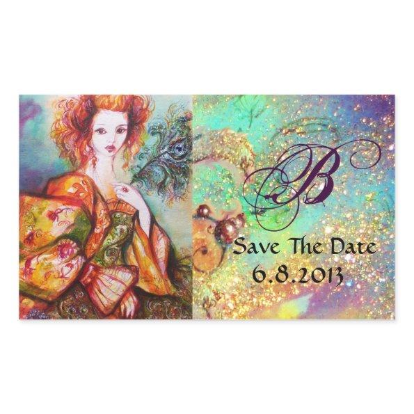 ROMANTIC WOMAN WITH SPARKLING PEACOCK FEATHER RECTANGULAR STICKER