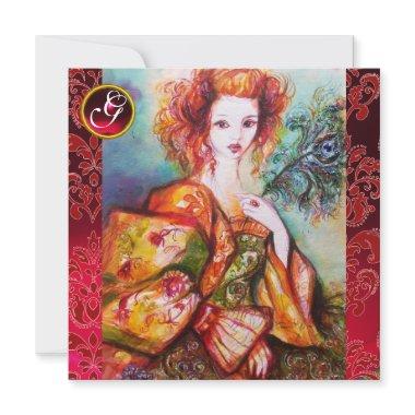ROMANTIC WOMAN WITH SPARKLING PEACOCK FEATHER, Red