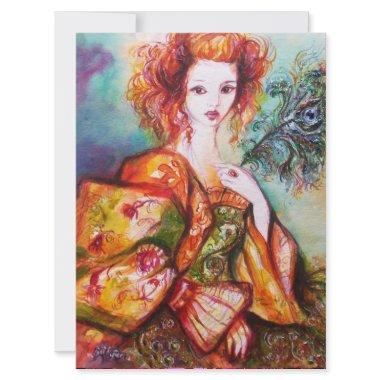 ROMANTIC WOMAN WITH SPARKLING PEACOCK FEATHER,Red