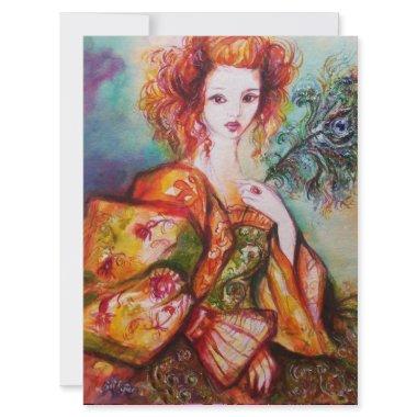 ROMANTIC WOMAN WITH SPARKLING PEACOCK FEATHER,Red