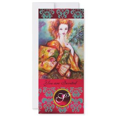 ROMANTIC WOMAN WITH SPARKLING PEACOCK FEATHER ,Red