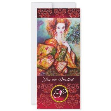 ROMANTIC WOMAN WITH SPARKLING PEACOCK FEATHER ,Red