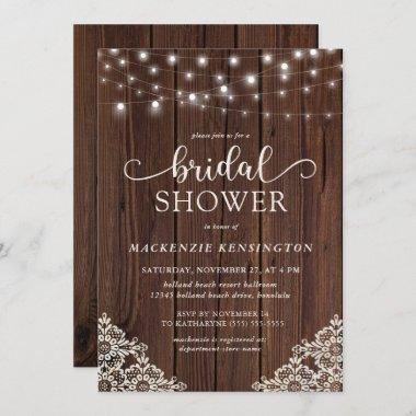 Romantic Wood String Lights Lace Bridal Shower Invitations