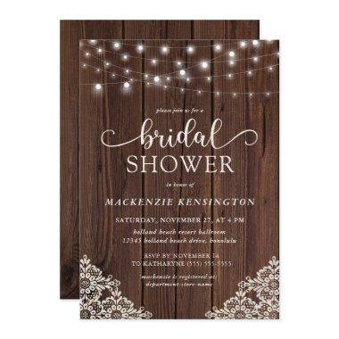 Romantic Wood String Lights Lace Bridal Shower Invitations