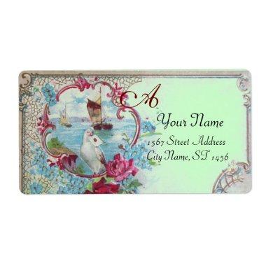 ROMANTICA,BLUE GREEN FLORAL BEACH WEDDING MONOGRAM LABEL