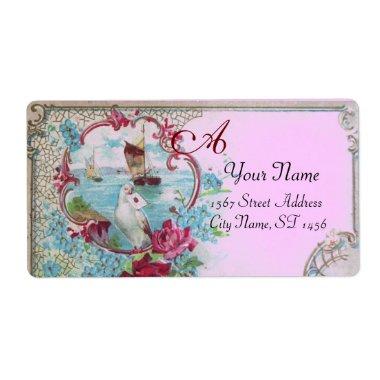 ROMANTICA,BLUE PINK FLORAL BEACH WEDDING MONOGRAM LABEL