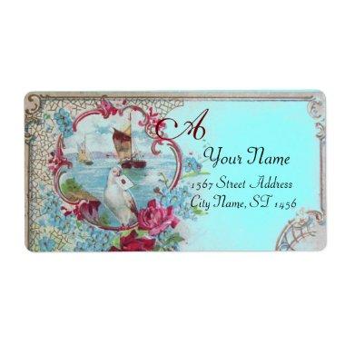 ROMANTICA,DOVE,BUE FLORAL BEACH WEDDING MONOGRAM LABEL