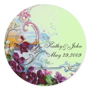 ROMANTICA /ELEGANT FLORAL /PANSIES,SNOWDROPS Green Classic Round Sticker