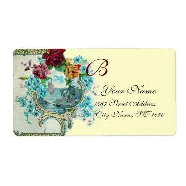 ROMANTICA IVORY BLUE FLORAL BEACH WEDDING MONOGRAM LABEL