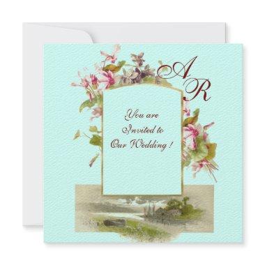 ROMANTİCA MONOGRAM /CYCLAMENS,pink green blue Invitations