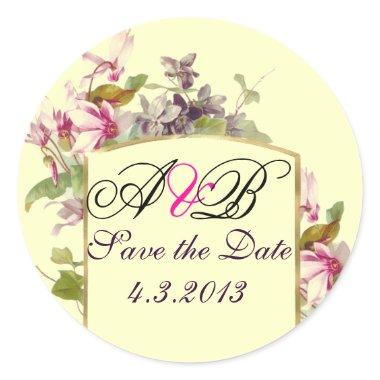 ROMANTİCA MONOGRAM / PINK CYCLAMENS SAVE THE DATE CLASSIC ROUND STICKER