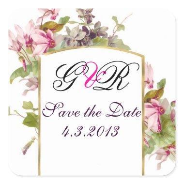 ROMANTİCA MONOGRAM / PINK CYCLAMENS SAVE THE DATE SQUARE STICKER