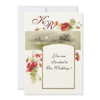 ROMANTİCA MONOGRAM / POPPIES,red,green,cream felt Invitations