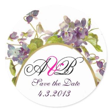 ROMANTİCA MONOGRAM / PURPLE VIOLETS SAVE THE DATE CLASSIC ROUND STICKER