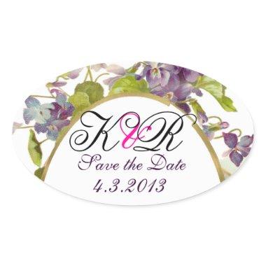 ROMANTİCA MONOGRAM / PURPLE VIOLETS SAVE THE DATE OVAL STICKER