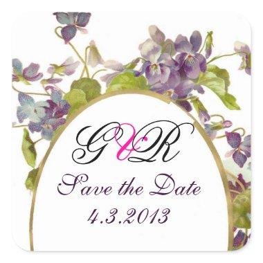 ROMANTİCA MONOGRAM / PURPLE VIOLETS SAVE THE DATE SQUARE STICKER