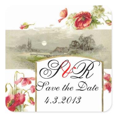 ROMANTİCA MONOGRAM / RED POPPIES SAVE THE DATE SQUARE STICKER