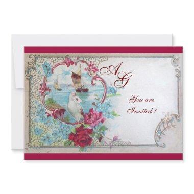 ROMANTICA MONOGRAM, red white blue Invitations