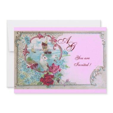 ROMANTICA MONOGRAM, red white blue pink Invitations