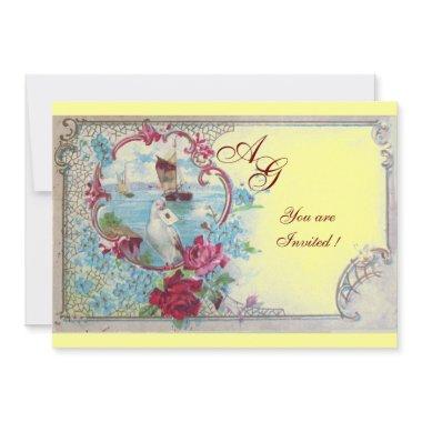 ROMANTICA MONOGRAM, red white blue pink yellow Invitations