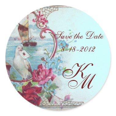 ROMANTICA MONOGRAM,Save the Date,blue Classic Round Sticker