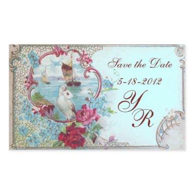 ROMANTICA MONOGRAM,Save the Date,Blue Rectangular Sticker