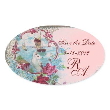 ROMANTICA MONOGRAM,Save the Date,Pink Oval Sticker