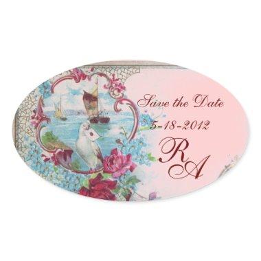 ROMANTICA MONOGRAM,Save the Date,Pink Oval Sticker