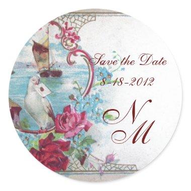 ROMANTICA MONOGRAM,Save the Date,white Classic Round Sticker