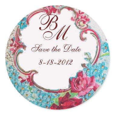 ROMANTICA MONOGRAM,Save the Date,white Classic Round Sticker