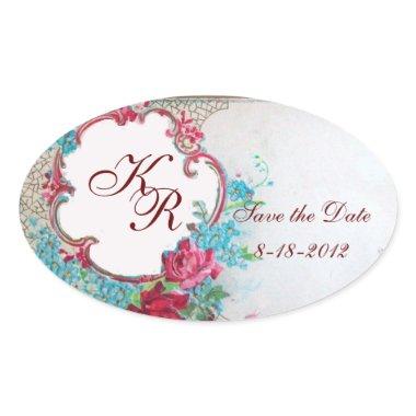 ROMANTICA MONOGRAM,Save the Date,white heart Oval Sticker