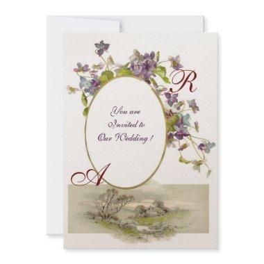 ROMANTİCA MONOGRAM /VIOLETS,green purple,champagne Invitations