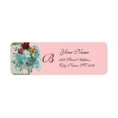 ROMANTICA PINK BLUE FLORAL BEACH WEDDING MONOGRAM LABEL