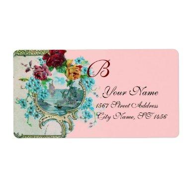 ROMANTICA PINK BLUE FLORAL BEACH WEDDING MONOGRAM LABEL