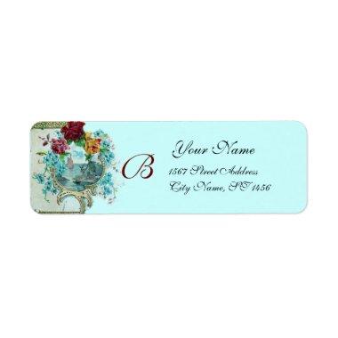 ROMANTICA TEAL BLUE FLORAL BEACH WEDDING MONOGRAM LABEL