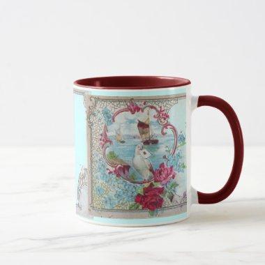 ROMANTICA, TEAL BLUE PINK FLORAL ROSES WITH DOVE MUG
