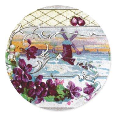 ROMANTICA /WINDMILL IN THE SNOW,PANSIES,SNOWDROPS CLASSIC ROUND STICKER