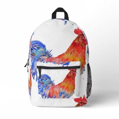 Rooster Watercolor Red Yellow Blue Chicken Printed Backpack