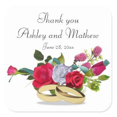Rose and Wedding Ring Wedding Thank You Stickers