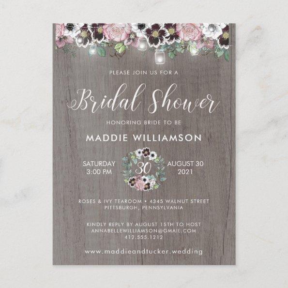 Rose Burgundy Rustic Wood Bridal Shower Invitation PostInvitations