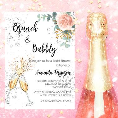 Rose Floral Luxury Brunch Bubbly Bridal Shower Invitations