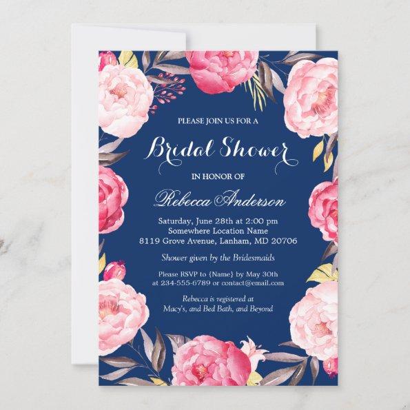 Rose Floral Wreath Navy Blue Bridal Shower Invitations