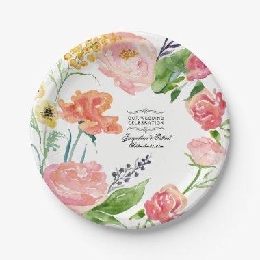 Rose Flowers Watercolor Peach Pink Wreath Wedding Paper Plates